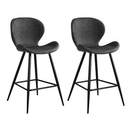 KithKasa Counter Height Bar Stools Set of 2 with Back, Mid Century Modern PU Leather 26" Kitchen Island Barstools with Metal Legs for Dining Room Kitchen Counter Pub Grey