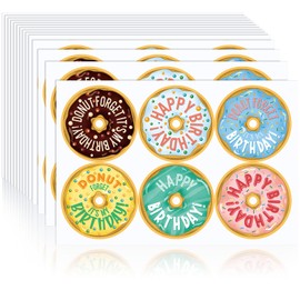 Dunzoom 60 Pcs 3 Inches Medieval Mod Happy Birthday Stickers Donut Birthday Badge Stickers for Donut Party Decorations Classroom Birthday Theme Party Holiday Event Gift Supplies
