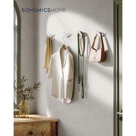 SONGMICS HOME Coat Hooks 4 Pack, Wall Hooks for Hanging Coats, Towels, Each Holds up to 5 kg, Egg-Inspired Design, for Living Room, Bedroom, Hallway, Pearl White LCR039W01
