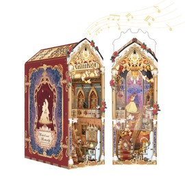 Tonecheer DIY Book Nook Kit for Adults, 3D Wooden Puzzle Music Booknook Miniature Dollhouse, Fairy Tale Bookend Bookshelf Decor with Dust Cover and LED Lights Gifts (Beast‌ and Beauty)