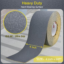 S&X Gray Anti Slip Traction Tape 4 Inch x 60 FT Roll, Grit 60 Ultimate Non-Slip Grip Tape for Outdoor Stair Treads Non Skid for Wooden Steps & Exterior Grips Waterproof, Extra-Durable, Long-Lasting