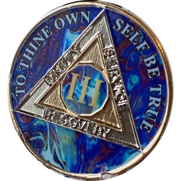 3 Year AA Medallion Sapphire Blue Swirl Tri-Plate Sobriety Chip
