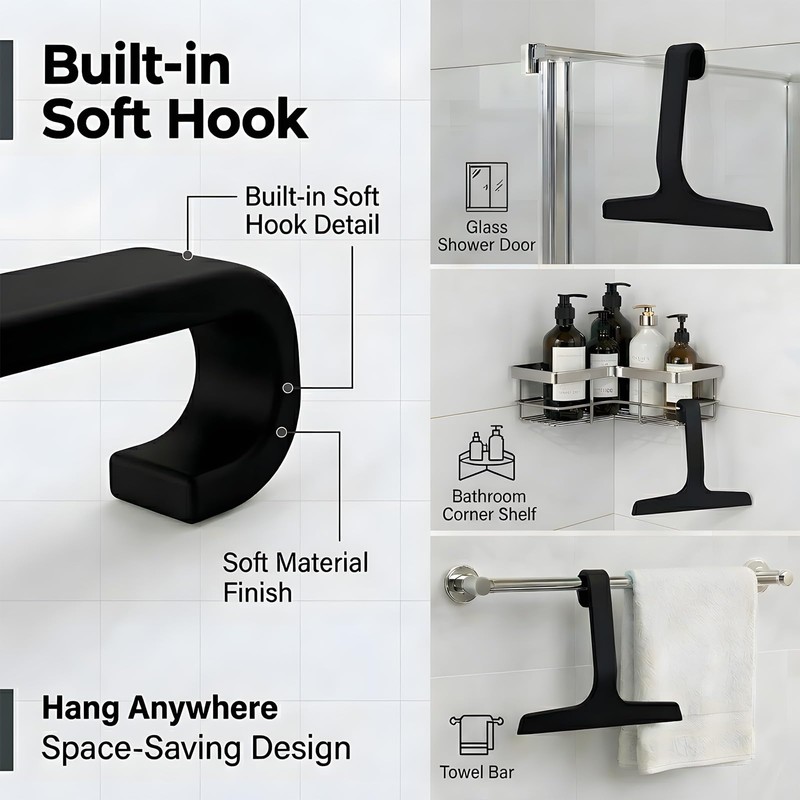 Bathroom Glass Shower Door Squeegee, Silicone & Metal, Black, 10"W