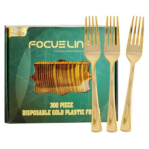 FOCUSLINE 300 Pack Disposable Gold Plastic Forks, Solid and Durable Plastic Cutlery Forks, Heavy Duty Disposable Utensil Silverware for Catering, Parties, Dinners, Weddings