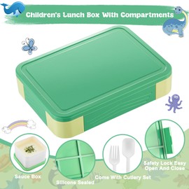 PUWOWYE Children's Lunch Box with Compartments, Bento Box Children, 1330 ml, Leak-Proof Lunch Box for Girls and Boys, Suitable for School, Nursery & Excursions, BPA Free (Green)