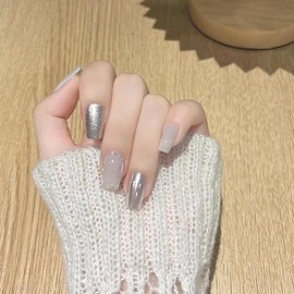 Nail Tips, 24 Pieces, 3D Handmade Nail Tips, Long, Square, White, Silver, Simple, Party