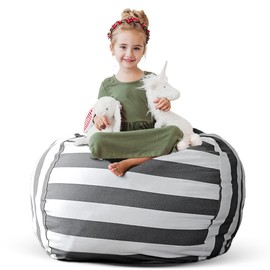 Creative QT Stuff ’n Sit Extra Large 38’’ Bean Bag Storage Cover for Stuffed Animals & Toys, Giant Beanbag Chair Kids, Ages 3-14, Bedroom Organizer Holiday Gifts, Grey White Striped