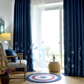 Melodieux Wheat Embroidery Faux Linen Blackout Wide Curtains for Living Room Patio Door Large Window Grommet Drape, Navy/Blue, 100 by 84 Inch (1 Panel)