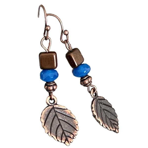 Copper Leaf and Blue Crystal Dangle Earrings. Jewelry Earrings for