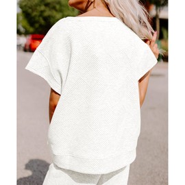 SeeLuNa Women's 2 Piece Outfits Textured Sweatsuit 3/4 Batwing Sleeve Crew Neck Pullover Top Wide Leg Pant Tracksuit Set(White,M)