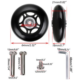 64 x 18mm 2 Pcs Luggage Suitcase Replacement Wheels, Rubber Swivel Caster Wheels Bearings Repair Replacement Parts for Carry-on Roller Bag, Suitcase Bag, Trolley Bag