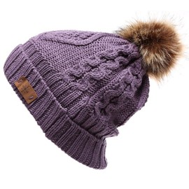 ANGELA & WILLIAM Women's Faux Fur Pompom Fleece Lined Knitted Slouchy Beanie Hat - Violet