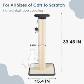 PAWALAYA Heavy Duty Post Sturdy Cat Scratching Post for Indoor Cats & Kittens, Classic Single Post with Natural Sisal Rope, Wood Base, 33.46" H