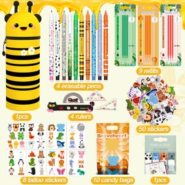 Kawaii 2-in-1 Pencil Case - Erasable Gel Pen Set (Bee + 10 Erasable Pens + 3 Boxes of Refills + 10 Candy Bags + Stroking Circles + Tattoo Stickers + Stickers + 4 Rulers)