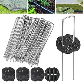 SAIJIAN Pack of 40 Ground Anchors, Ground Anchor Set, U-Shaped Pegs, Galvanised with 40 Pieces Buffer Disc for Securing Weed Fabric and Nets 15 x 4 cm