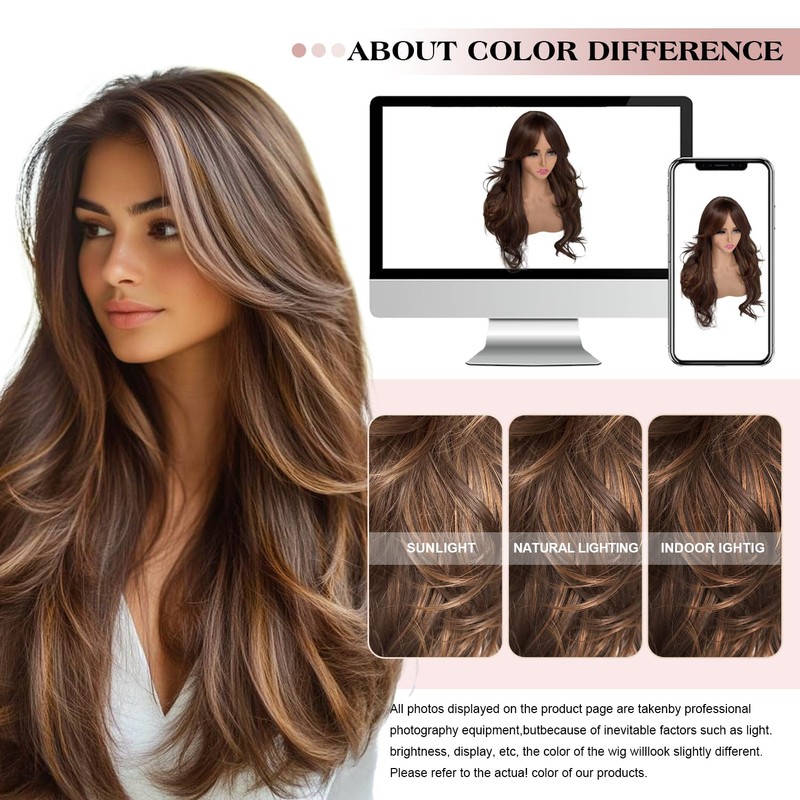 Honey Blonde Long Wavy Layered Synthetic Wig with Bangs for