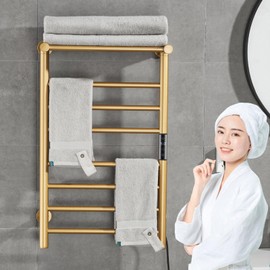 EWDPHW Gold Heated Towel Warmer Rack, Electric Heated Towel Drying Rack for Bathroom Radiator 70W, 7 Bar Wall Mounted Heated Towel Rail with Top Shelf Stainless steel Towel Warmer, 72*45*25Cm(Plug In)