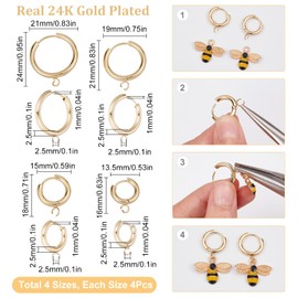 SUNNYCLUE 1 Box 16Pcs Leverback Earring Findings 16/18/20/24mm Real 24K Gold Plated Stainless Steel Huggie Hoops Leverbacks Round Lever Backs Hinged Hoop Earring Hooks for Jewellery Making DIY Supply