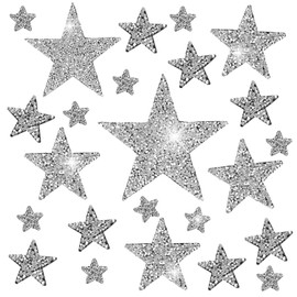 24pcs Silver Rhinestone Star Iron on Patches, 5 Sizes Sparkly Star Patches for Clothes, Glittering Sequin Star Applique Heat Press Patches for Clothes Hats Bags Jeans Repair and Decoration