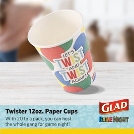 Glad Game Night Twister Disposable Paper Cups - Heavy Duty Drinking Cup for Kids & Adults, Classic Board Games Fun - 12 oz, 20 Count