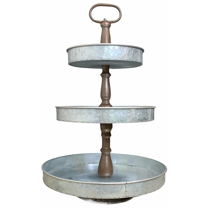 3 Tiered Serving Stand, Galvanized Tiered Tray with Handle Rustic