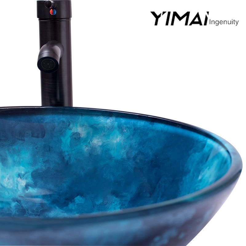 YIMAI Ingenuity Vessel Sink 16.5" Bathroom Sinks Tempered Glass Blue