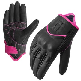 Harssidanzar GL016EU Women's Full Finger Goatskin Leather Touchscreen Motorcycle Gloves, Pink black