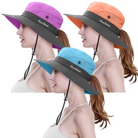 3 Pieces Womens Ponytail Wide Brim Sun Hat Packable UV Protection Beach Cap for Fishing & Hiking (Purple＆Orange＆Sky Blue)
