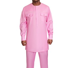 ATLYCOLOR Men African Outfits 2 Piece Set Shirt Pants Nigerian Dashiki Suit Attire Clothing TR53 Pink X-Large