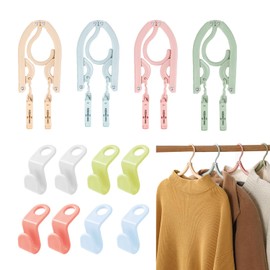 4 Clothes Hangers with Clips with 8 Connecting Hooks, Foldable Hanger, Plastic Hanger, Travel Hanger (Beige, Green, Pink, Blue)