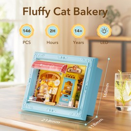 Rolife DIY Miniature House Kit, Mini Wooden Dollhouse Kit for Adults to Build, 3D Shadow Box Frame Home Wall Hanging Decor Diorama Kit, for Girls Women Teens-Fluffy Cat Bakery