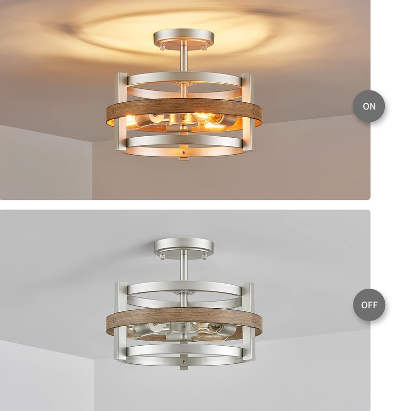WUZUPS 3-Light Metal Drum Chandelier Imitation Wood Grain Shade Round