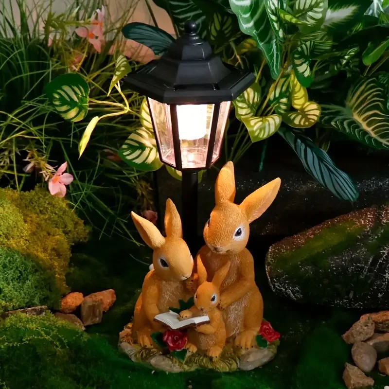 Solar-Powered Bunny Family Reading Statue with LED Lantern and Roses,