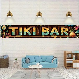 Starlit Patio Tiki Bar Banner Hawaiian Luau Party Decorations Tropical Beach Bar Sign Poolside Aloha Tiki Hibiscus Decorations Summer Cocktail Night Supplies for Backyard Party 20 x 118 Inch