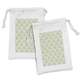 Ambesonne Vintage Fabric Pouch Set of 2, Flourishes Drawn by Hand Floral Details Victorian Inspired Ornaments, Small Drawstring Bag for Toiletries Masks and Favors, 9" x 6", Cream and Laurel Green