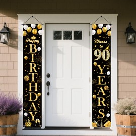 90th Birthday Decoration Banner Black Gold 2 Pieces 90 Year Birthday Decoration Happy Birthday Door Banner, Fabric Birthday Banner for 90th Women Men Birthday Party Decoration