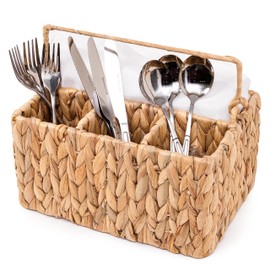 KOLWOVEN Wicker Utensil Caddy Carrier, Wicker Flatware Organizer, Hand Woven Water Hyacinth Cutlery Holder for Countertop with Handle