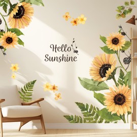 KIKISML Summer Sunflower Wall Stickers, Hello Sunshine Flower Wall Decals for Bedroom, Livingroom, Shop Window, Bath Room, TV Background Art Wall Decor (2 Pieces)