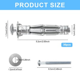 Cavity Dowel Metal, Expansion Dowels, Expansion Nuts Set 30 M6 x 52 mm, Perfect with Hollow Walls, Plasterboard, Wood Chipboard Plywood Panels