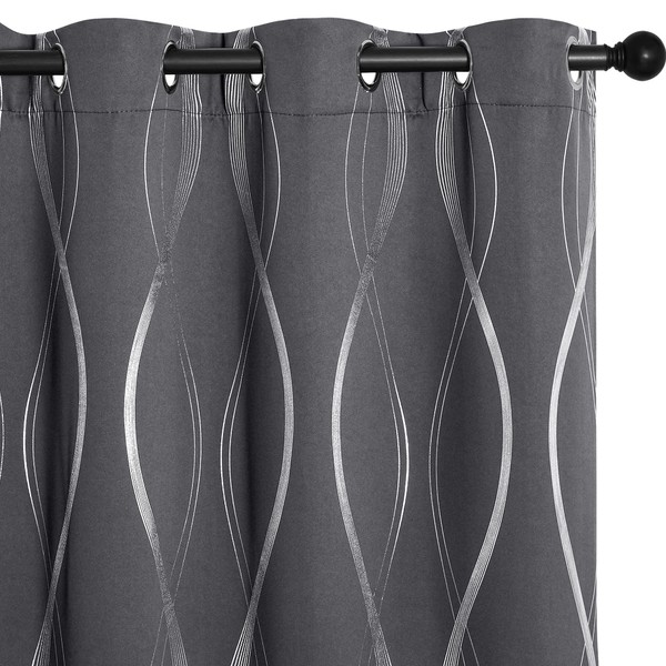 NICETOWN Grey Blackout Curtains 84 inch Length 2 Panels Set for Bedroom/Living Room, Noise Reducing Thermal Insulated Wave Line Foil Print Drapes for Patio Sliding Glass Door (52 x 84, Gray)