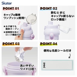 Skater (Skater) Water Bottle for Children, Direct Drink, 480ml, Plastic, One-Touch, Dishwasher Safe, Made in Japan, Sinapushu, Girl, PSB5SANAG-A