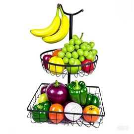 CTANCIFANG Fruit Basket 2 Tiers Detachable for Kitchen Counter Storage Organizer with Banana Hook. Large Capacity Tiered Fruit Bowl Veggie Tray with Banana Holder. Wire Rack Snack Basket for Office