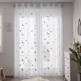 Sheer Star Curtains for Kids Bedroom - Cute Moon Sheer Curtains 63 Inch Long - Grommet Silver Foil Print Voile Curtains for Girls Room, Set 2 Panels