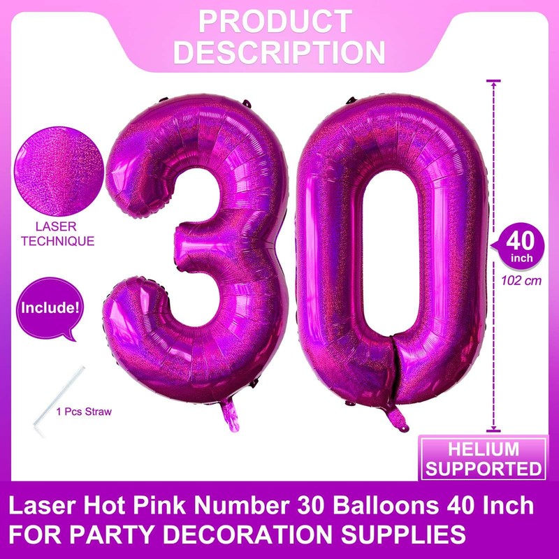 Laser Pink 30 Number Balloons 40 Inch Giant Hot Pink