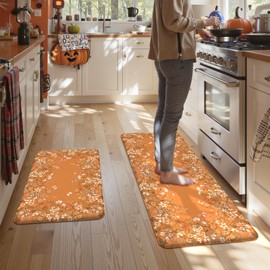 KIMODE Anti Fatigue Kitchen Mats Cushioned, Boho Floral Kitchen Rugs Sets of 2, Fall Kitchen Mat for Floor, Memory Foam Standing Desk Mat for Laundry Office Sink Desk Orange Halloween 17"x47"+17"x29"