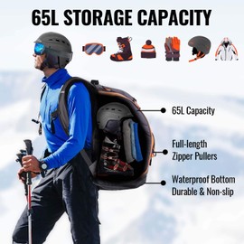 TurboSke Ski Boot Bag Backpack - 65L Waterproof Skiing Snowboarding Travel Luggage Backpack - Stores Boots Skis Snowboard Helmet Goggles Jackets Gloves & Other Accessories for Men & Women (Orange)