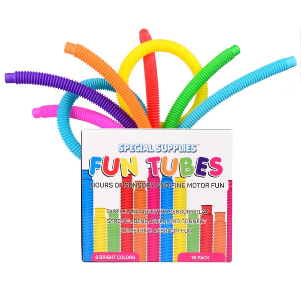 Special Supplies 16-Pack Fun Pull Pop and Fun Tubes for Kids Stretch, Bend, Build, and Connect Toy, Provide Tactile and Auditory Sensory Play, Colorful, Heavy-Duty Plastic