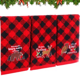 Moukeren 3 Pack Christmas Hand Towels Red and Black Buffalo Plaid Kitchen Towels Bathroom Sets 13.78 x 24.8 in Embroidery Cotton Fingertip Dish Towel Cloths for Xmas Decor(Black,Bear)