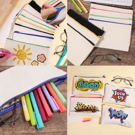 BigKego Pack of 6 DIY Blank Fabric Bags Canvas Pencil Case for Painting Small Cosmetic Bag Zip with 6 Coloured Pens and 8 Painting Stencils for Travel School Children's Birthday Crafts