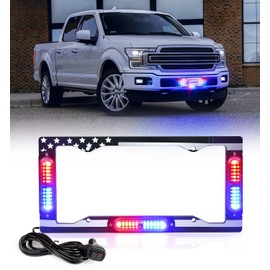 Xprite 36 LED License Plate Strobe Light, US Flag Front/Rear Police Light, 22 Flash Modes Emergency Safety Warning LED License Frame for Police Car Vehicle Truck, Red Blue (w/Pre-Installed 9FT Cable)